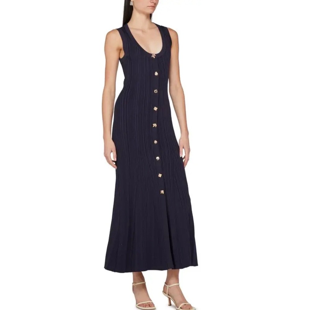 Self-Portrait Navy Viscose Knit Midi Dress Gold Button Size M